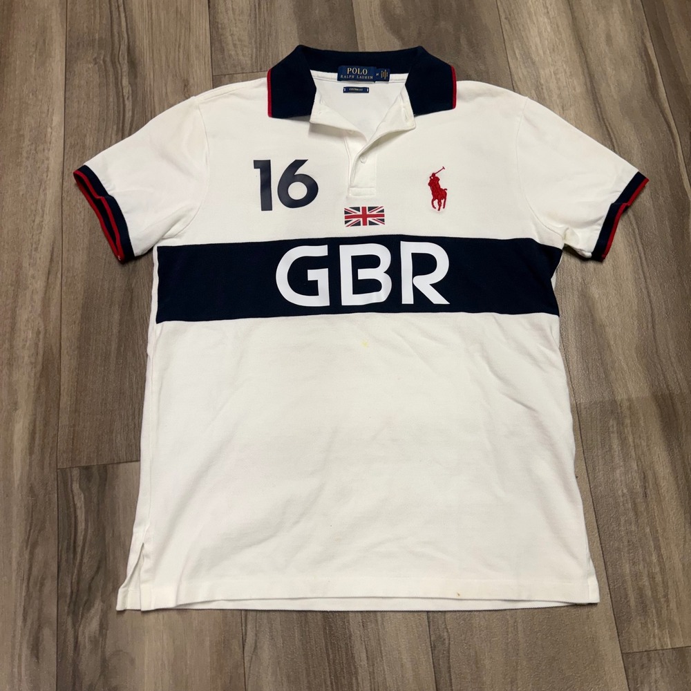 Polo Ralph Lauren Mens GBR Great Britain Polo Shirt White Custom Fit Medium 16
